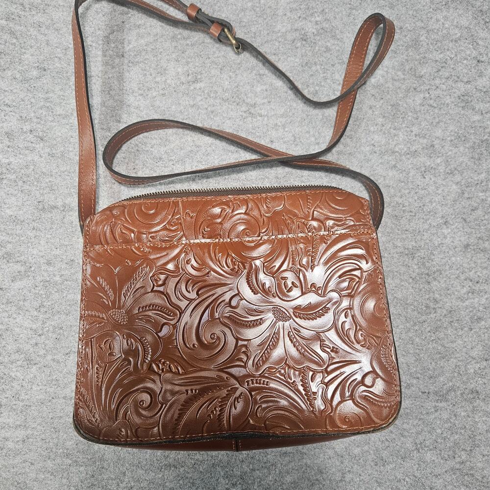 Patricia Nash Granada Medium Tooled Brown Leather Crossbody Bag Flap Purse Boho
